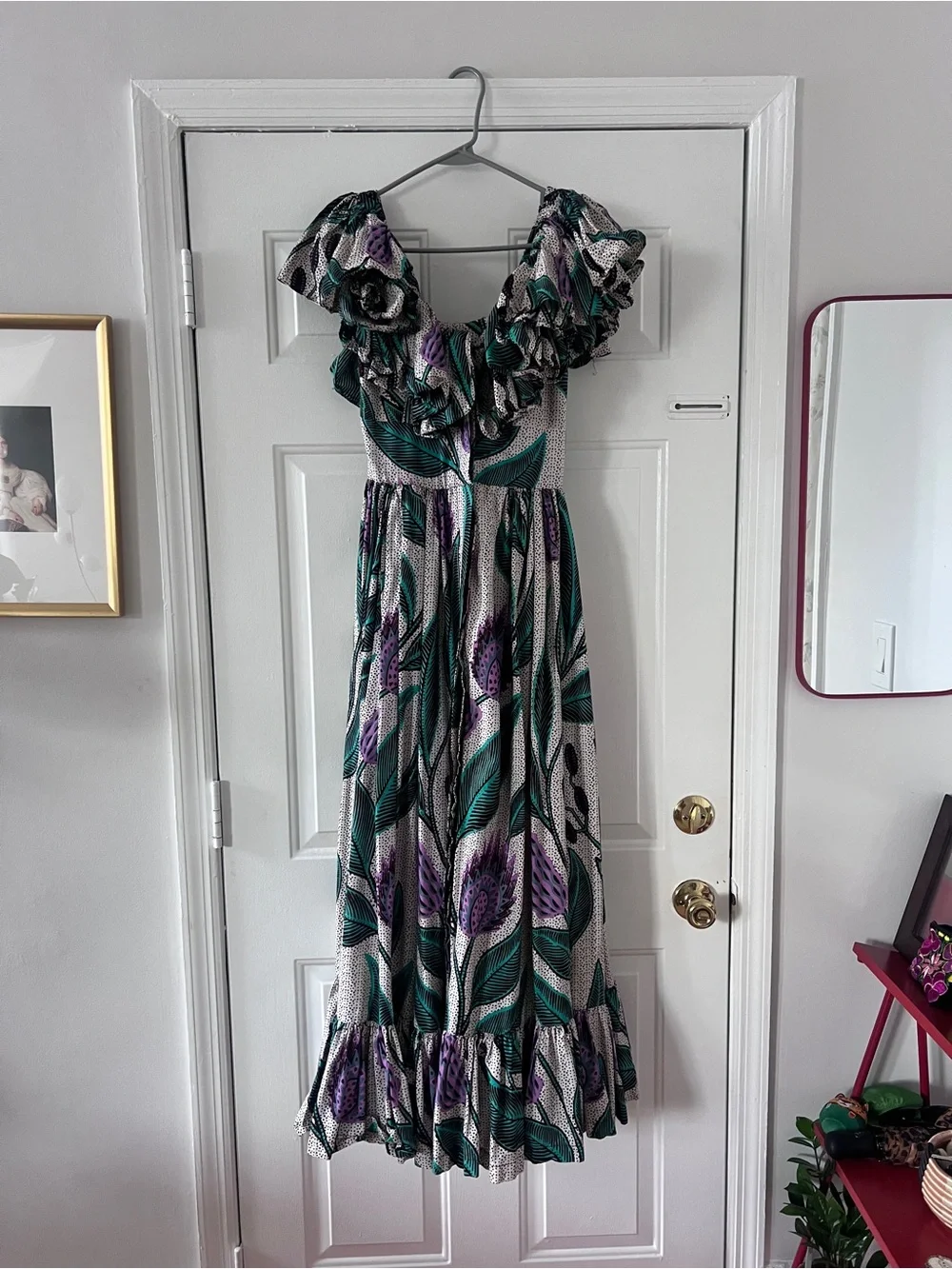 Anthropologie x Sika White, Teal & Purple Ruffled Maxi Dress